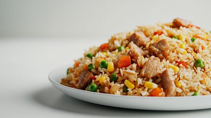 A plate of fried rice with pork, peas, carrots, and corn.