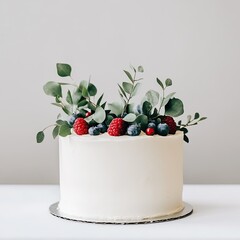 A minimalist white-frosted cake, decorated with fresh greenery and berries, set against a clean, neutral background