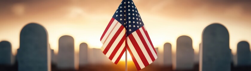 American flag placed at a grave, symbolizing remembrance and honor during sunset.