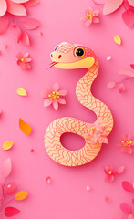 Colorful paper snake surrounded by floral elements on a vibrant pink background during an art display