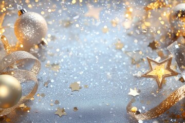 Festive background with stars, sequins and decorations on a silver background. Golden elements and...