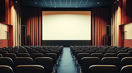 Fototapeta premium A modern event hall setup with rows of chairs in front of a blank stage screen, ready for a presentation.