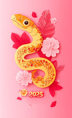 Colorful paper art featuring a snake and flowers celebrating the year 2025 on a vibrant pink background