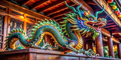 Majestic Dragon Statue on Wooden Shelf - Intricate Scales and Fierce Expression in Drone Photography