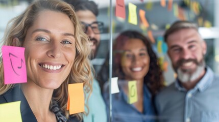 Smiling Business Team Brainstorming with Sticky Notes