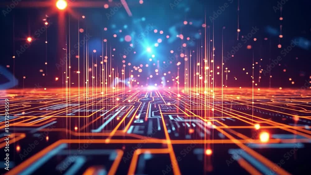 Poster A vibrant technological landscape filled with intricate circuits and glowing particles creates a stunning visual, illuminated by hues of blue and orange in a futuristic setting.