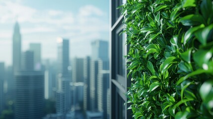 Obraz premium Vertical greenery adorns a modern building, contrasting with a vibrant city skyline under a clear sky, showcasing urban nature.