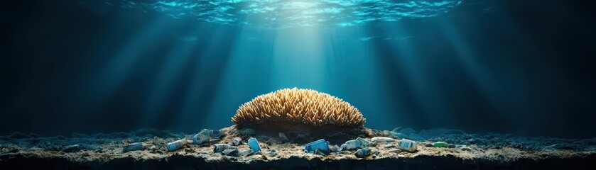 Fototapeta premium Coral reef under the sea illuminated by sunlight, showcasing marine life and environmental beauty.