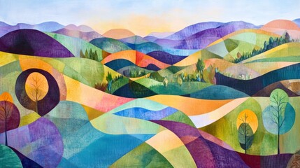 Fototapeta premium An abstract landscape scene, where vibrant colors and shapes form a surreal interpretation of a natural environment.