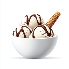 Delicious ice cream in a bowl topped with chocolate sauce and a waffle cone.