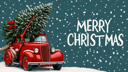 classic red car carrying Christmas tree brings festive cheer and joy during holiday season. snowy backdrop enhances magical atmosphere of Christmas