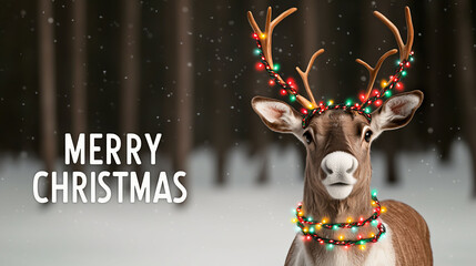 Fototapeta premium festive reindeer adorned with colorful lights stands in snowy forest, embodying spirit of Christmas. This charming scene captures joy and warmth of holiday season