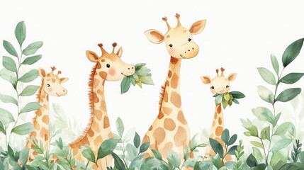 Fototapeta premium Cute watercolor giraffe family eating leaves, creating a whimsical and charming nursery design with soft colors and friendly characters.