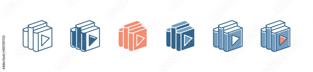 Poster simple audio book library with play icon set education media listening course bookshelf signs vector