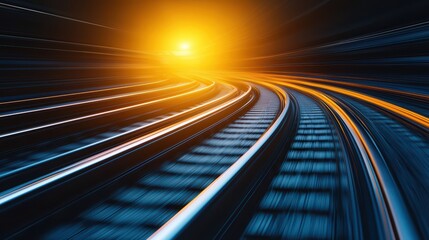 Dynamic view of train tracks leading into a vibrant sunset, showcasing movement and perspective.