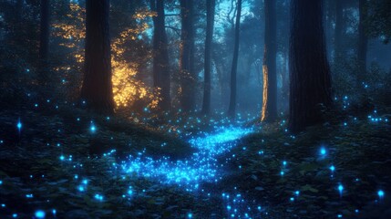 A bioluminescent forest landscape, where trees and plants glow with ethereal light, creating a magical and mysterious scene.