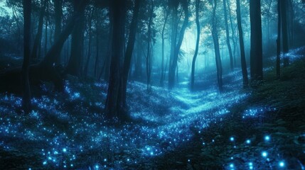 Fototapeta premium A bioluminescent forest landscape, where trees and plants glow with ethereal light, creating a magical and mysterious scene.