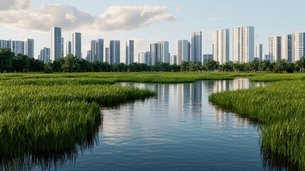 Obraz premium A serene landscape featuring a river bordered by lush greenery, with modern buildings in the background under a clear sky.