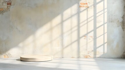 Minimalist 3D product studio scene with textured concrete background empty floor and wall product podium dynamic shadow overlay from window to countertop and soft natural lighting mockup