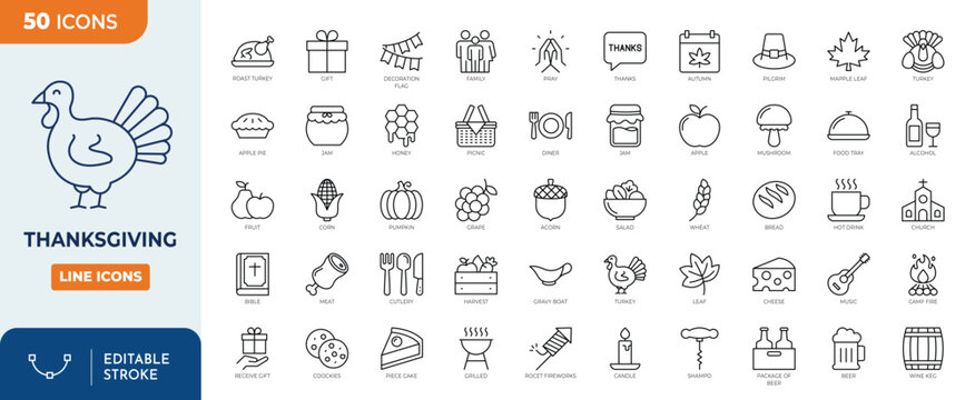 Thanksgiving Day icon set. Turkey, Pilgrim, pumpkin and more. Outline Icon Collection. Vector illustration. Editable stroke	
