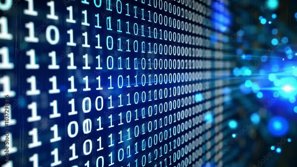Poster The visual displays a vibrant array of binary code, with glowing blue elements creating a dynamic backdrop that suggests advanced technology and data processing in motion.