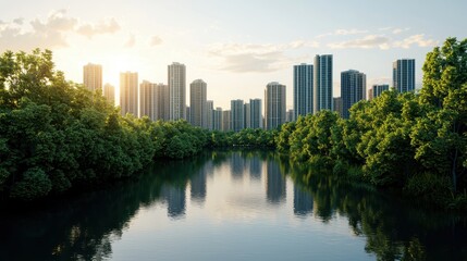 Fototapeta premium A serene riverside view features modern skyscrapers reflecting sunlight, surrounded by lush greenery, showcasing a blend of nature and urban architecture.