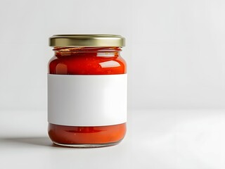 Tomato sauce jar mockup with blank label, customizable food container for branding, editable branding template, food product packaging