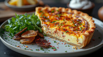 Gourmet Delight Quiche Lorraine elegantly plated in a high-end restaurant setting, featuring crèe fraïche, fresh herbs, and truffle-infused potato chips for a refined dining experience.