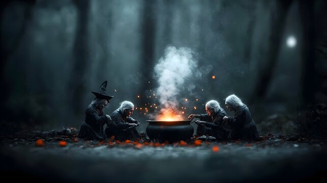 Four elderly crones huddled over a roiling cauldron brewing a bubbling noxious potion in a moonlit forest clearing