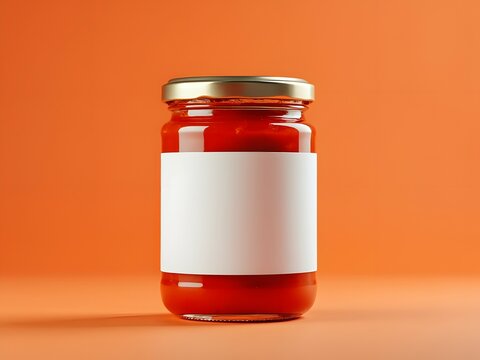 Tomato sauce jar mockup with blank label, customizable food container for branding, editable branding template, food product packaging