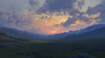 A dusk landscape, with the sky transitioning from day to night, casting a soft, warm glow over the distant mountains.