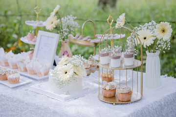 A delicious wedding dessert bar table decorated with a variety of cakes and sweets, including flowers, in a white tone that makes it look bright.