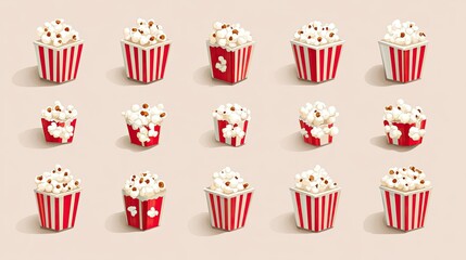 A playful collection of popcorn icons in red-and-white striped containers, isolated on a plain background.