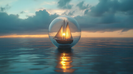 Sailboat in a Bubble on Calm Water at Sunset