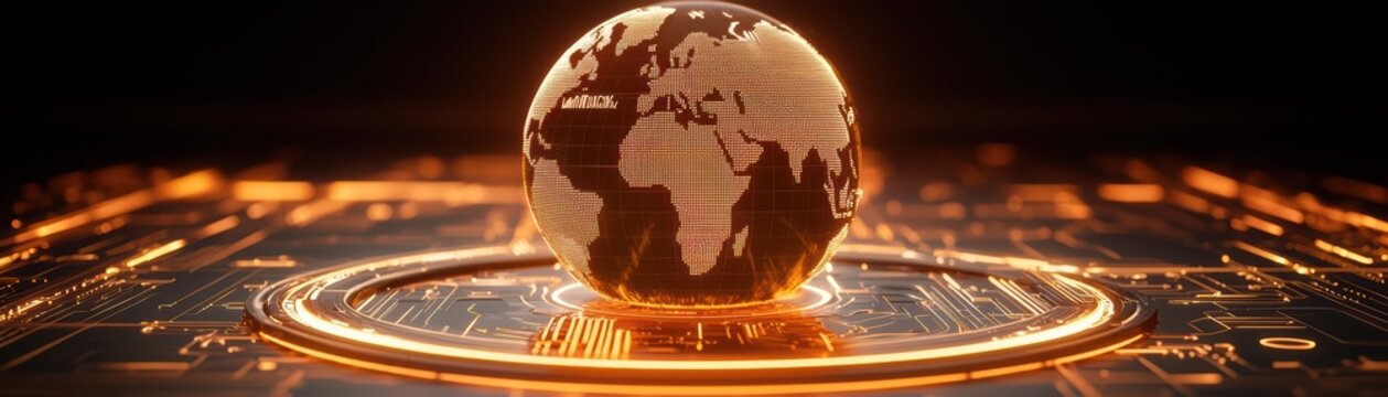 Glowing globe on a digital circuit background, symbolizing technology and connectivity.