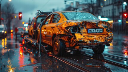 Fototapeta premium damaged cars being transported on tow trucks. been involved in accidents, varying, which adds a mood of distress or aftermath of the accident.