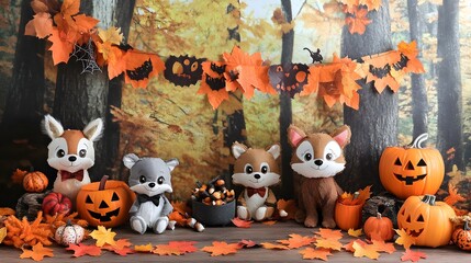 A woodland creatures Halloween party theme with cute animal decorations, fall leaves, and fun activities, creating a cozy atmosphere for kids to celebrate.