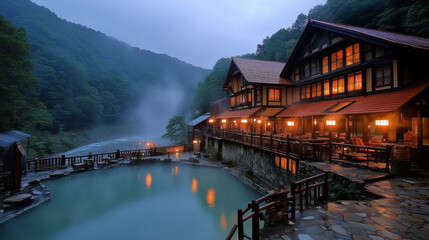 Fototapeta premium Japanese traditional onsen with serene atmosphere and beautiful surroundings - 温泉