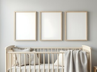 Minimalist baby nursery and white crib with three blank poster frames mockup and white interior design. Mock up 3 blank poster frame in baby room