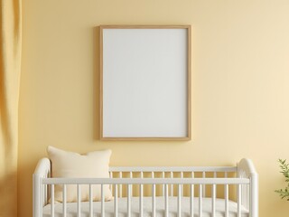 Minimalist baby nursery and white crib with blank poster frame mockup, yellow wall background, wall art poster mock up
