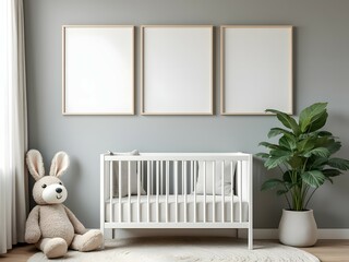 Minimalist baby nursery and white crib with three blank poster frames mockup and gray interior design. Mock up 3 blank poster frame in baby room