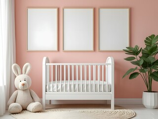 Minimalist baby nursery and white crib with three blank poster frames mockup and pink interior design. Mock up 3 blank poster frame in baby room