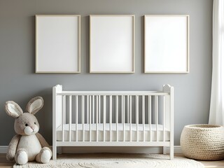 Minimalist baby nursery and white crib with three blank poster frames mockup and gray interior design. Mock up 3 blank poster frame in baby room