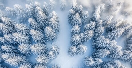 Drone Photo of Snow-Covered Evergreen Trees After Winter Blizzard. AI generated illustration.