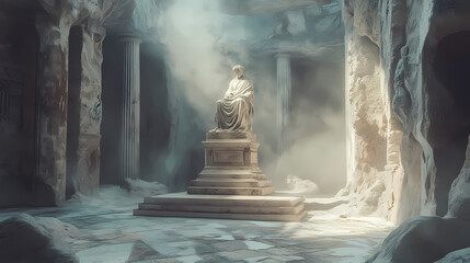 A dusty statue plinth in a futuristic dungeon, surrounded by high-tech ruins, creates a mysterious atmosphere of abandonment and ancient technology. Ancient Relic. Illustration