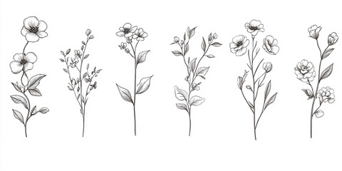 Fototapeta premium luxury line floral collection features various flowers and brunch, perfect for wedding invitation art and save the date card design templates set