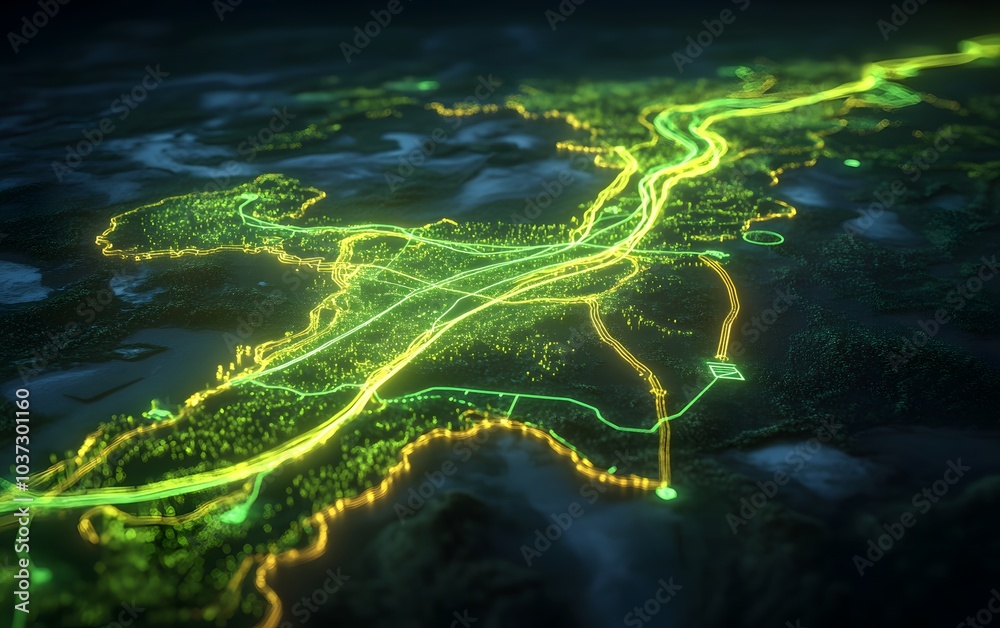 Aufkleber the image depicts a vibrant, illuminated map showcasing a cityscape with green and yellow paths, sug