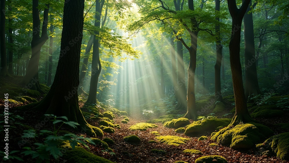 Wall mural enchanting forest scene with sunlight filtering through dense trees