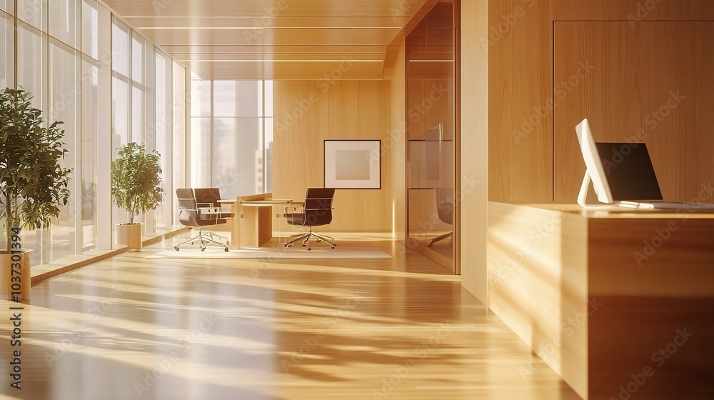 Poster Modern Office Interior with Natural Light and Wood Accents