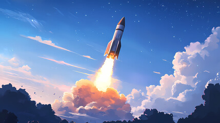 Naklejka premium A futuristic rocket launching into the sky, representing bold ambition and innovation, framed against a clear blue sky with clouds. Starship Launch. Illustration